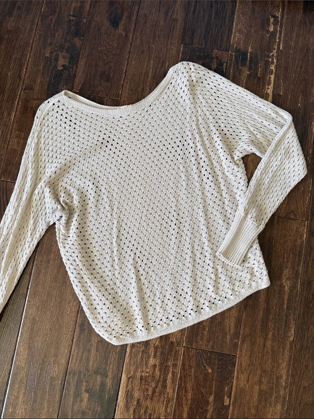 Open-Knit Off-the-Shoulder Sweater in Light Beige
